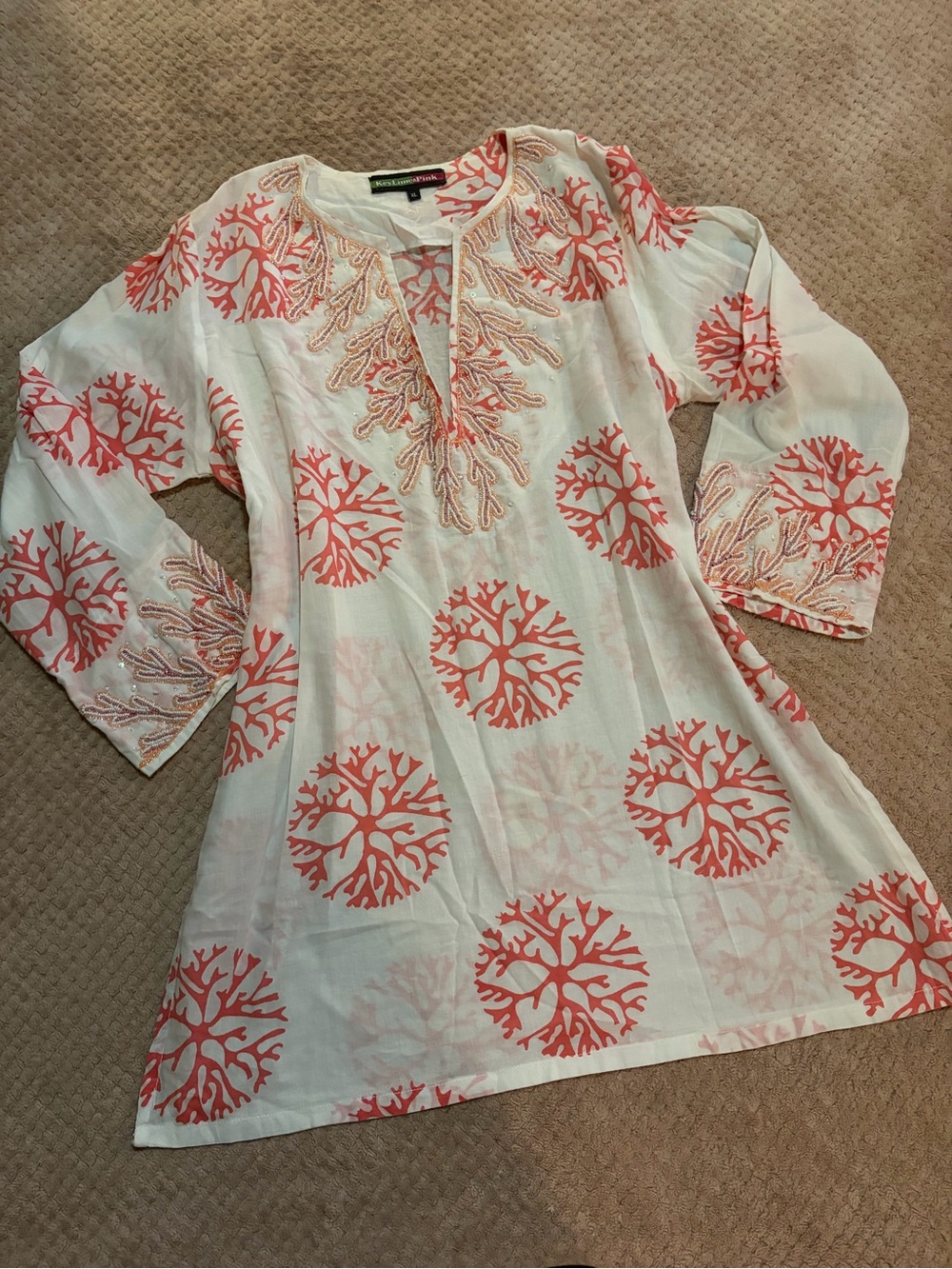 Embroidered Coral-Print White Tunic Top